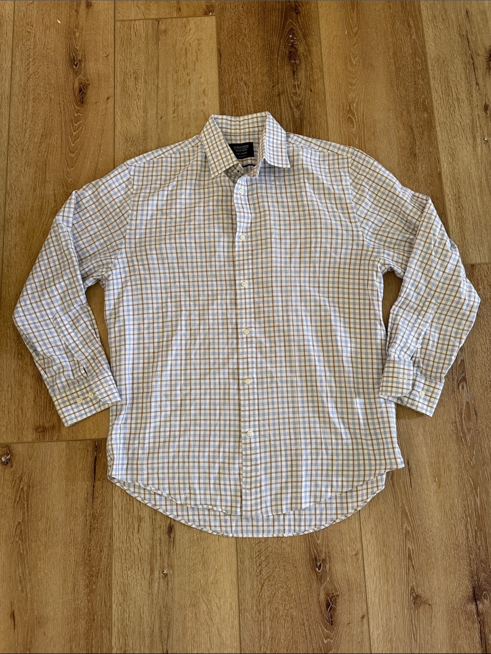 Nordstrom | White Shirt with Blue & Tan Windowpane Check | 15 1/2 32-33